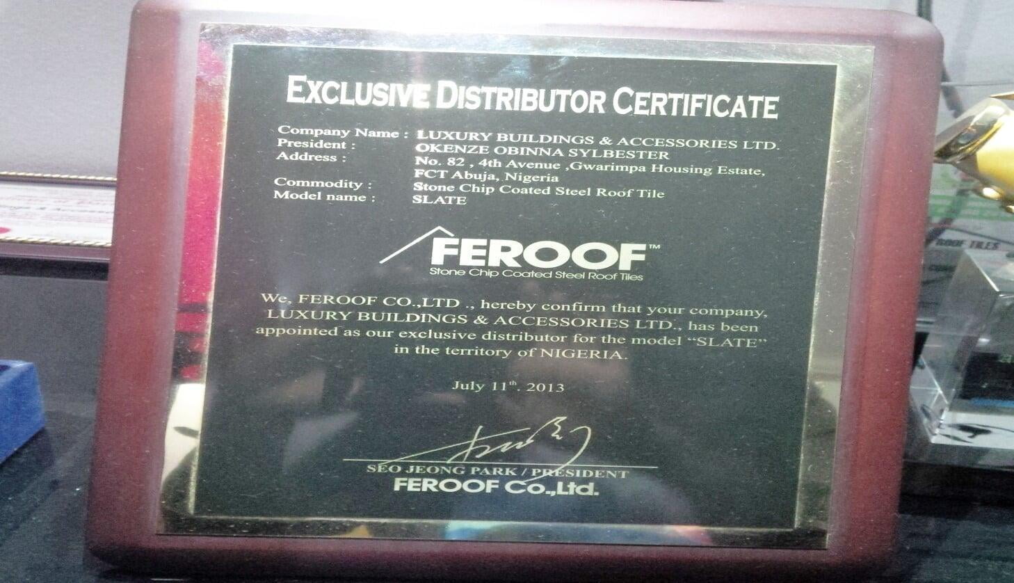Exclusive Distributor Certificate 2013 (Feroof Building construction Korea)