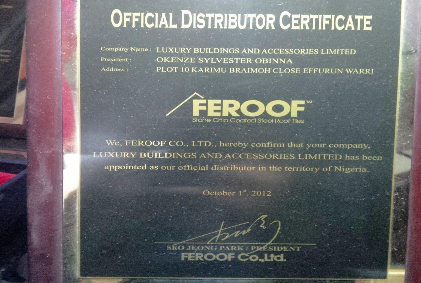 Official Distributor of the year 2012 (Feroof Building construction Korea)